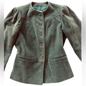 Vintage Green Corduroy Jacket Blazer Small Ruffle Shoulder Peplum 100% Cotton